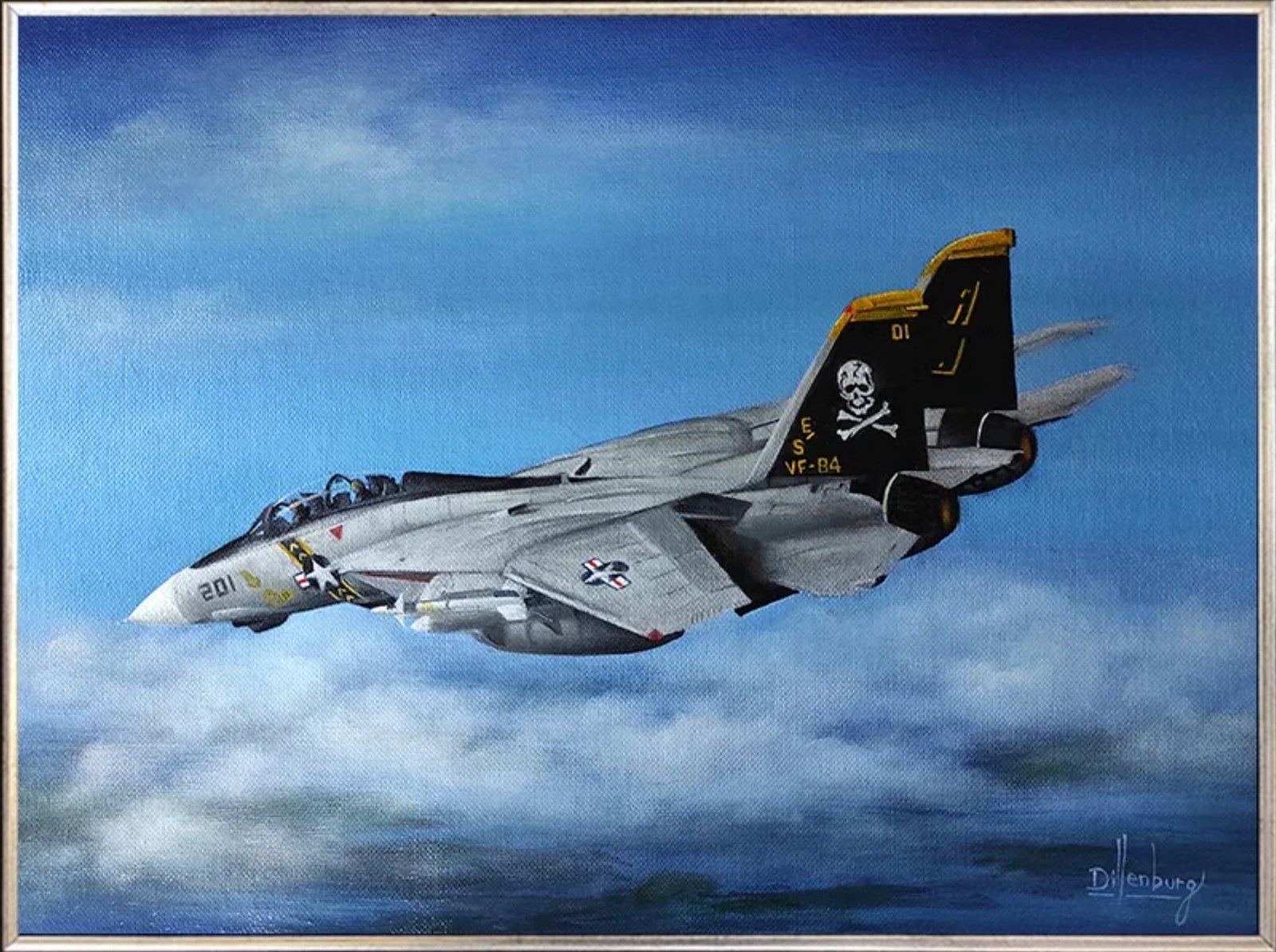 Hand-painted Grumman F-14A Tomcat of VF-84 Jolly Rogers in flight above the clouds, framed
