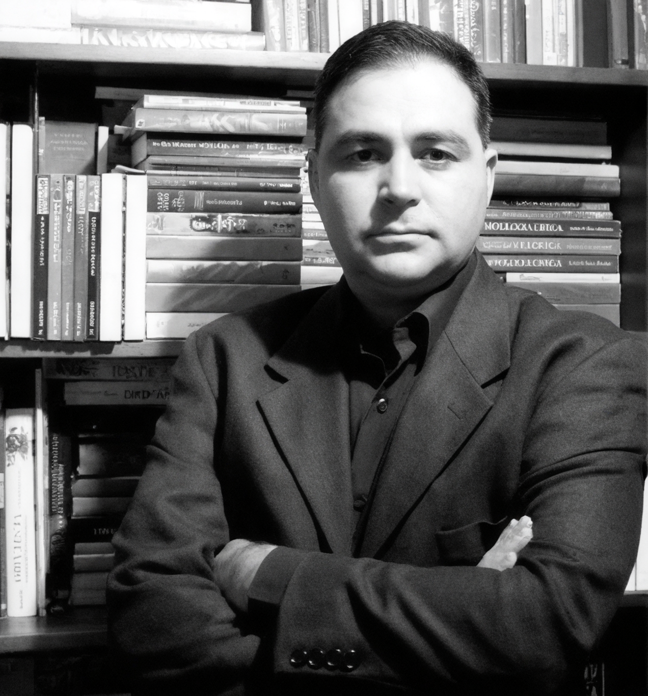 Black-and-white portrait of artist and historian F. Dillenburg in front of his library